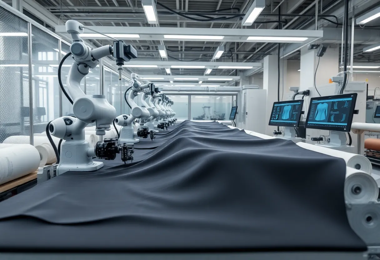 Modular robotic assembly applying microadhesive to fabric in a modern factory for bonded apparel production.