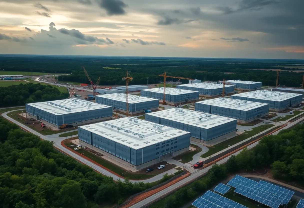 Aerial view of Bauxite data centre campus under construction at the Quantum Frederick site with multiple buildings and construction cranes