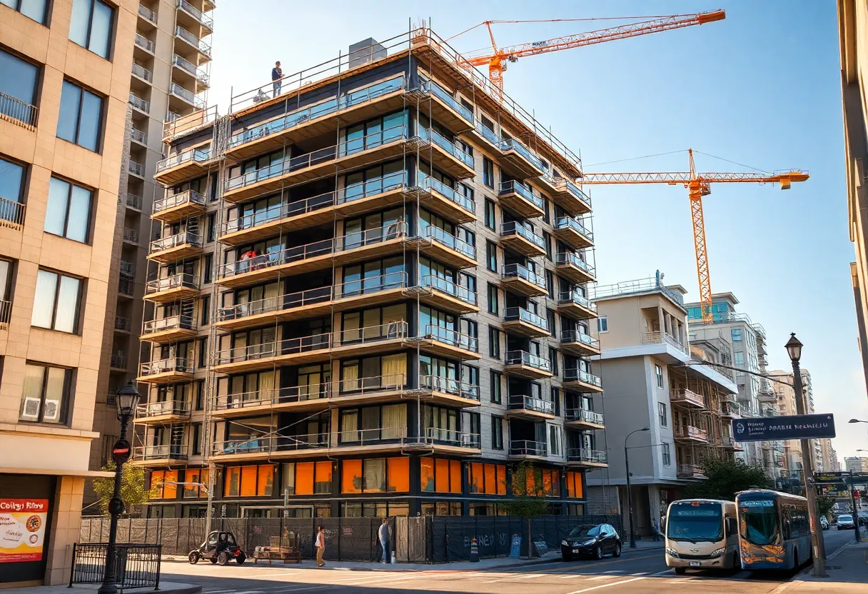 Nine-story micro-apartment building under construction in San Diego with crane and scaffolding