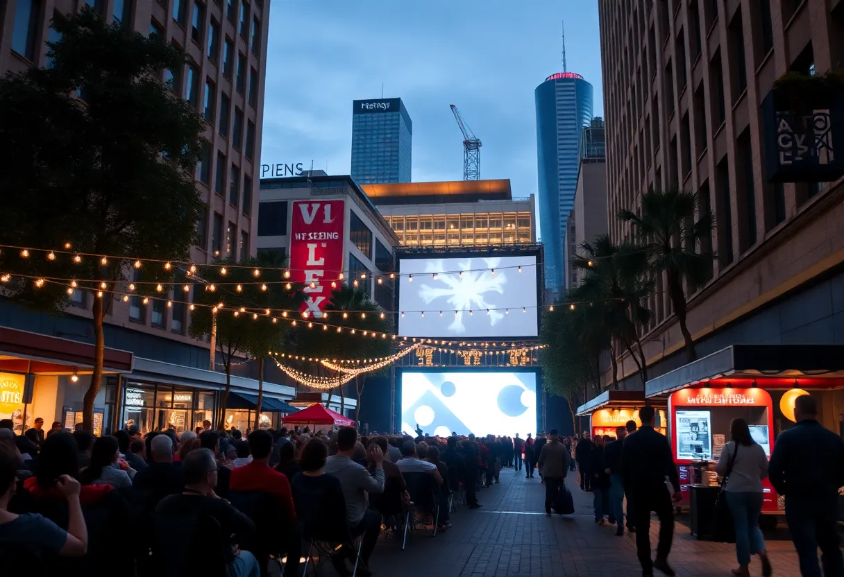 Crowd watching an outdoor screening on a pedestrianized Festival Street with a downtown multiplex and illuminated installations in the background