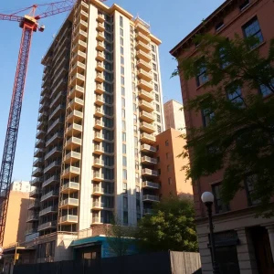 Photorealistic exterior of an 18-story condominium under construction at 171 East 86th Street, Upper East Side, with crane and scaffolding