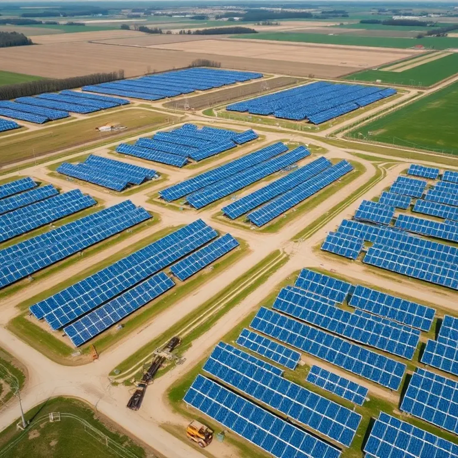 Aerial view of multiple ground-mounted photovoltaic farms and connection infrastructure in the Polish countryside