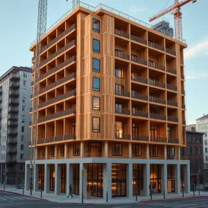 13-story mass timber student housing tower under construction at a university corner with crane and timber elements visible