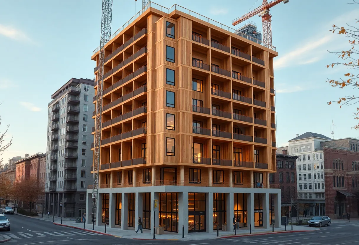 13-story mass timber student housing tower under construction at a university corner with crane and timber elements visible