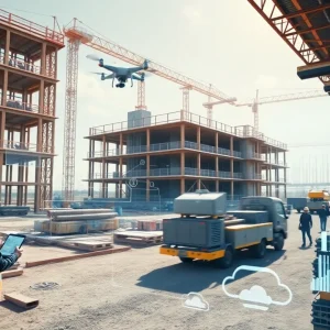 Active construction site with a semi-transparent 3D BIM overlay, workers using tablets, drones and IoT sensors with digital twin visualizations