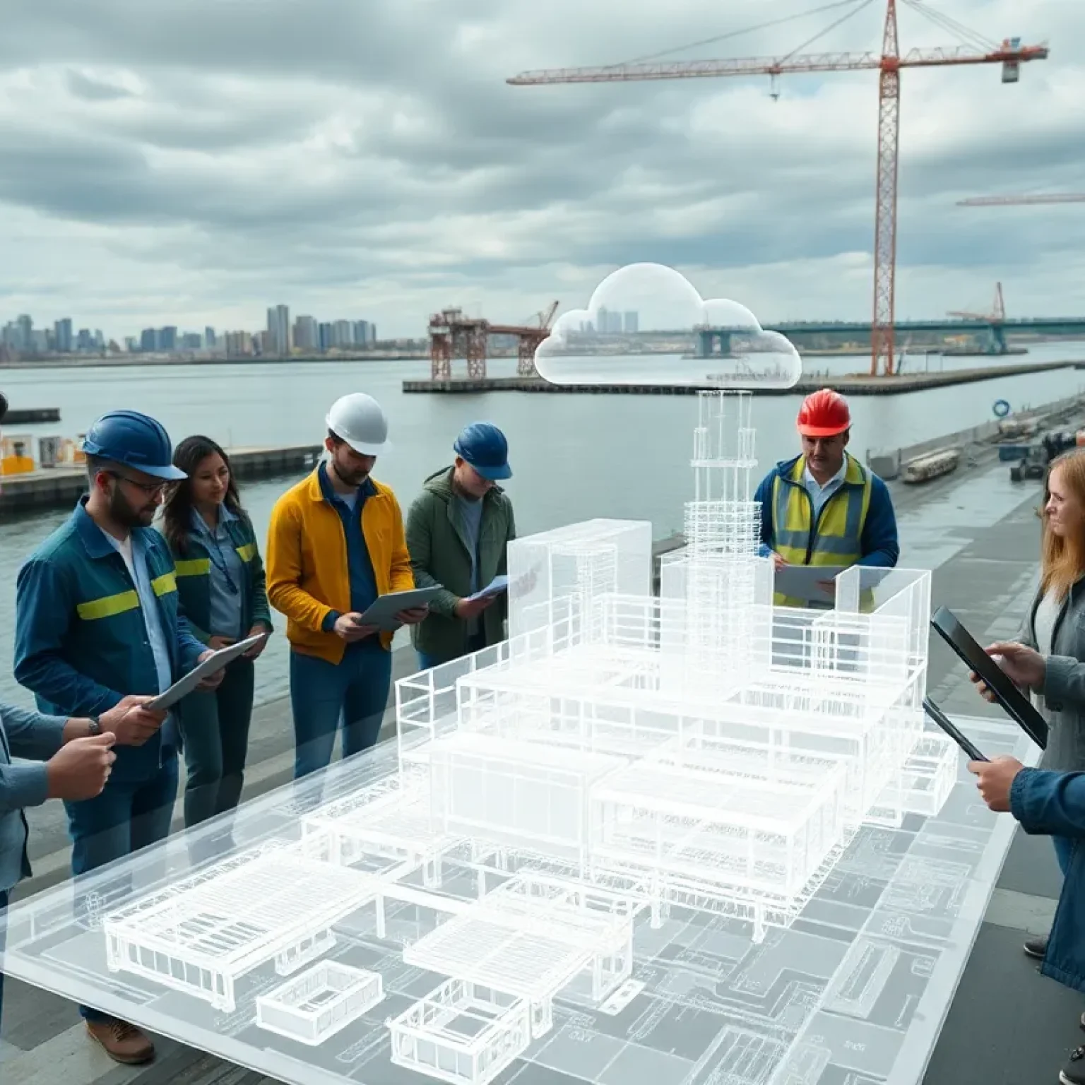 3D BIM overlay on a waterfront construction site with engineers and Buffalo skyline