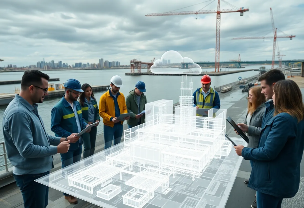 3D BIM overlay on a waterfront construction site with engineers and Buffalo skyline
