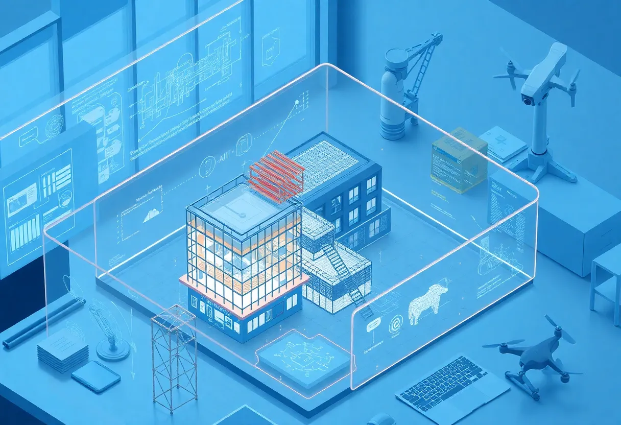 3D BIM model on multiple screens with cloud and AI overlays representing construction design software