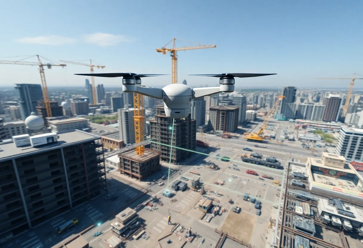 Multiple drones surveying a construction site with 3D mapping and LiDAR overlays integrating with BIM