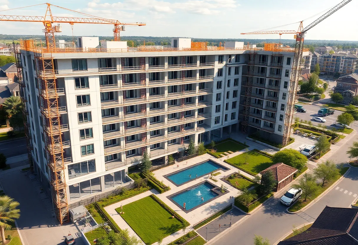 Exterior view of luxury apartment construction in Cool Springs with cranes and landscaped courtyard