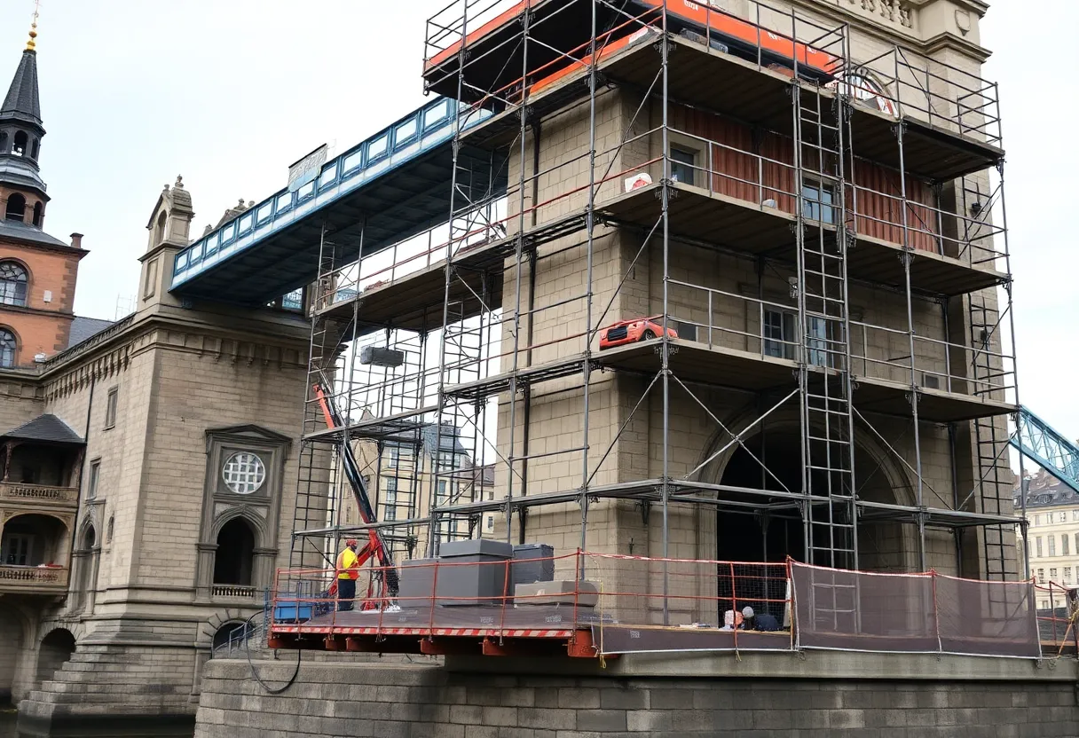 Construction workers repairing the historic Gay Street Bridge in Knoxville