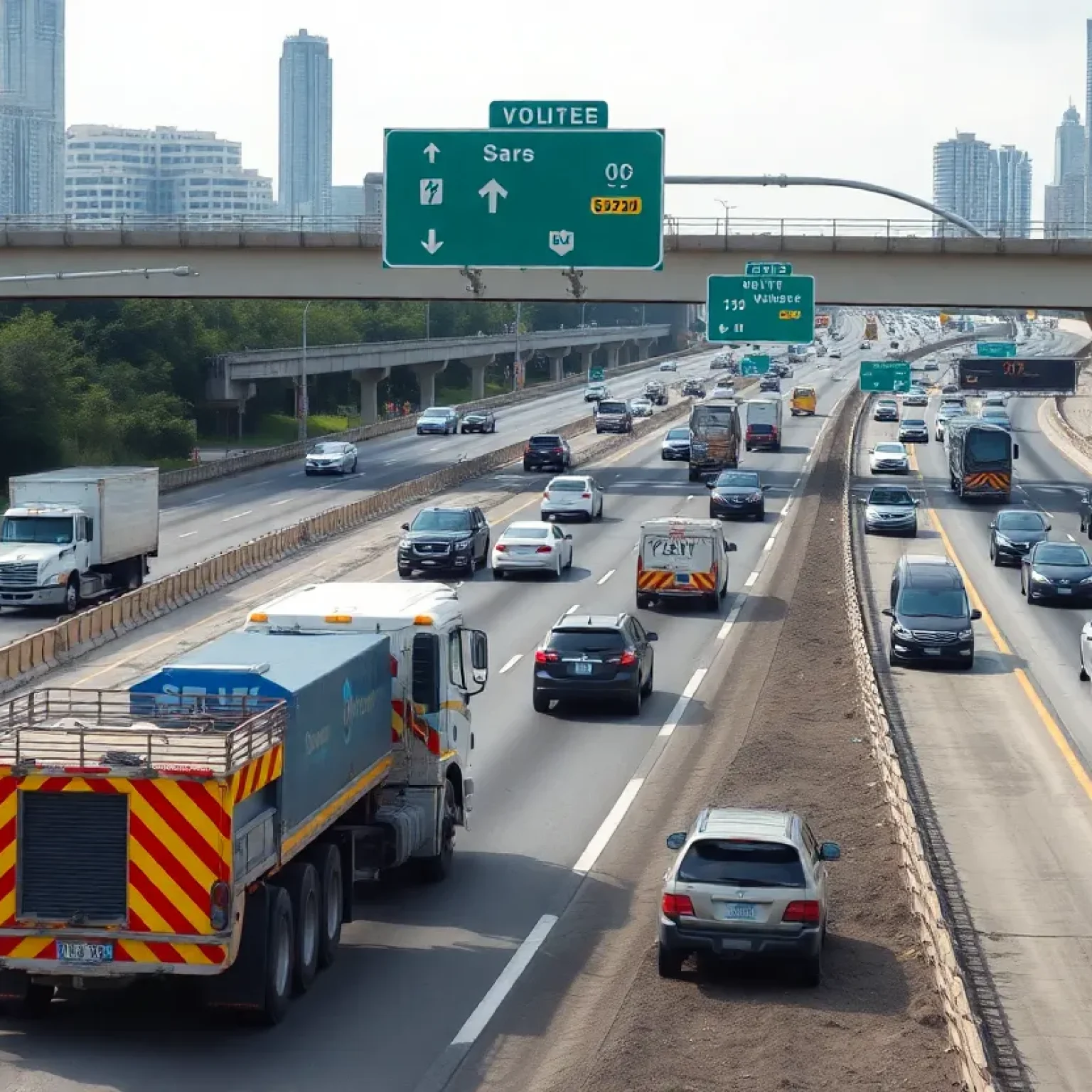 Construction scene of the I-85 expansion in Atlanta, showcasing workers and machinery.