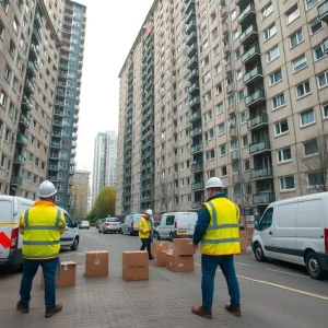 Inspectors and contractors in high‑visibility jackets outside a high‑rise with prefabricated concrete panels, evacuation boxes and caution tape