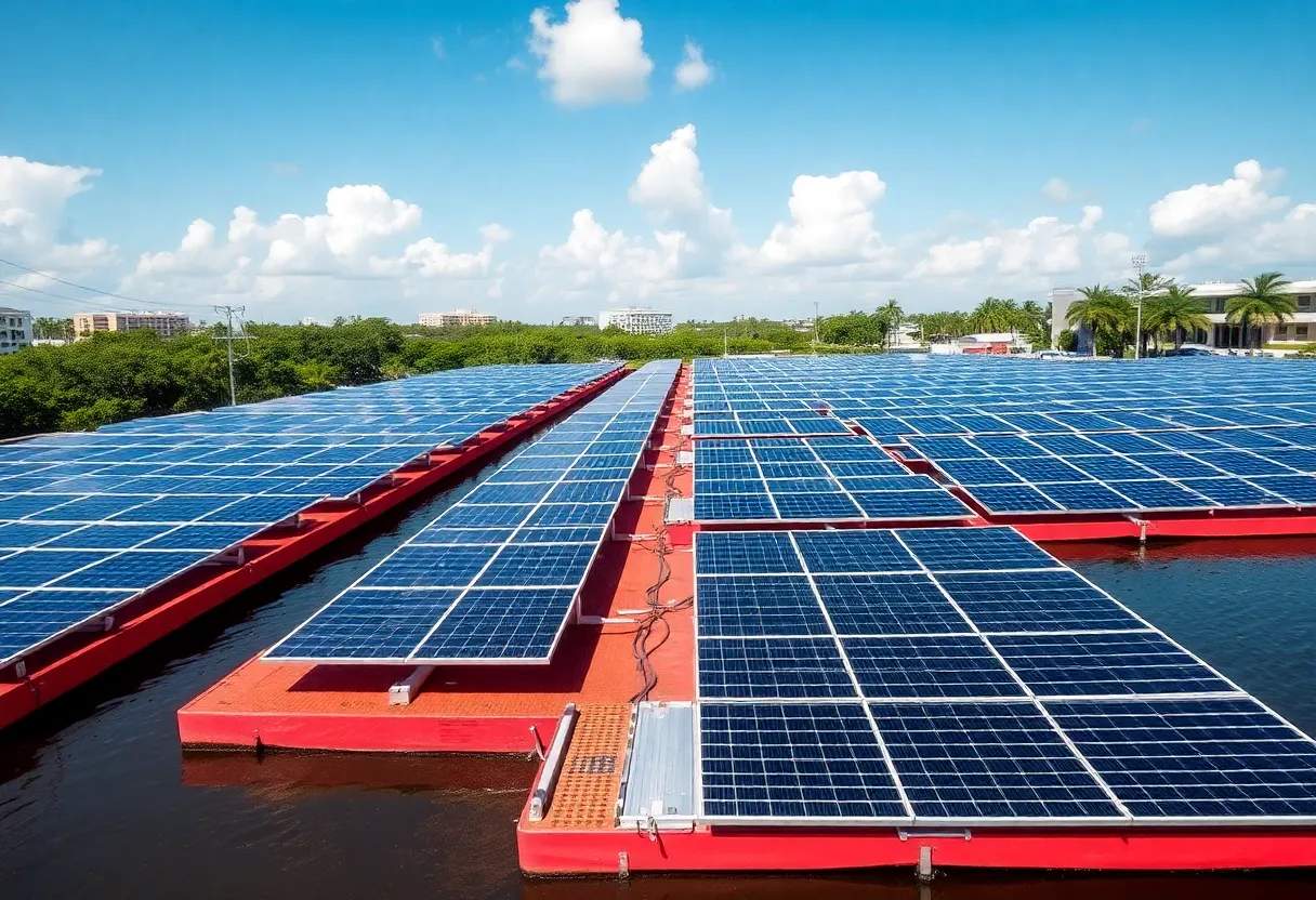 Floating solar array panels on a university campus in Miami, Florida.