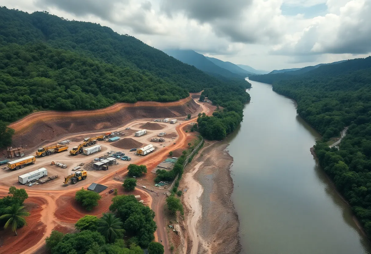 Aerial view of Oko West early construction works beside a river with heavy equipment and access roads in a tropical rainforest