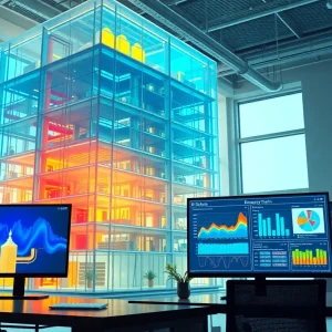 3D digital twin of a building with wireframe, thermal overlays and simulation dashboards