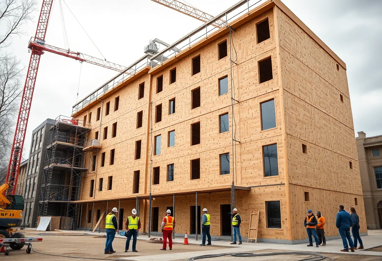 Four-story mass-timber residence hall under construction with exposed CLT panels and construction equipment on a university campus