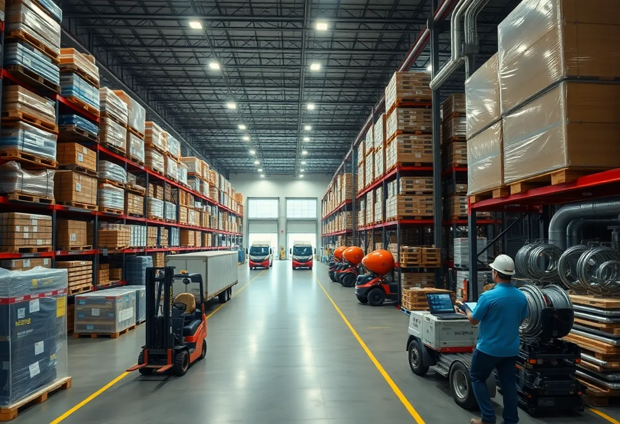 Interior of a large PHCP distribution warehouse with pallets of plumbing and HVAC supplies, forklifts and delivery trucks