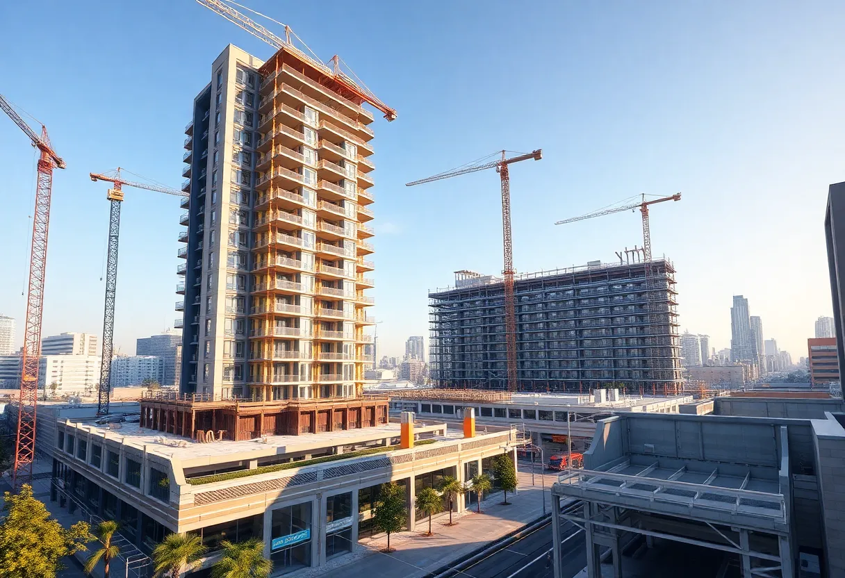 Two apartment buildings under construction at Piazza Alta with cranes and rooftop pool structure