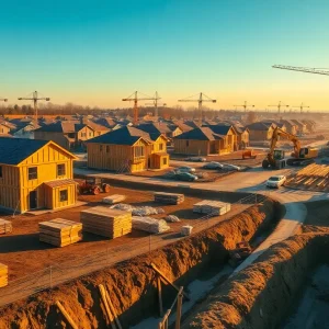 New-home construction site with framed houses, cranes and construction materials under a clear sky