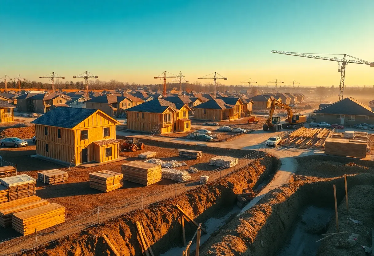 New-home construction site with framed houses, cranes and construction materials under a clear sky