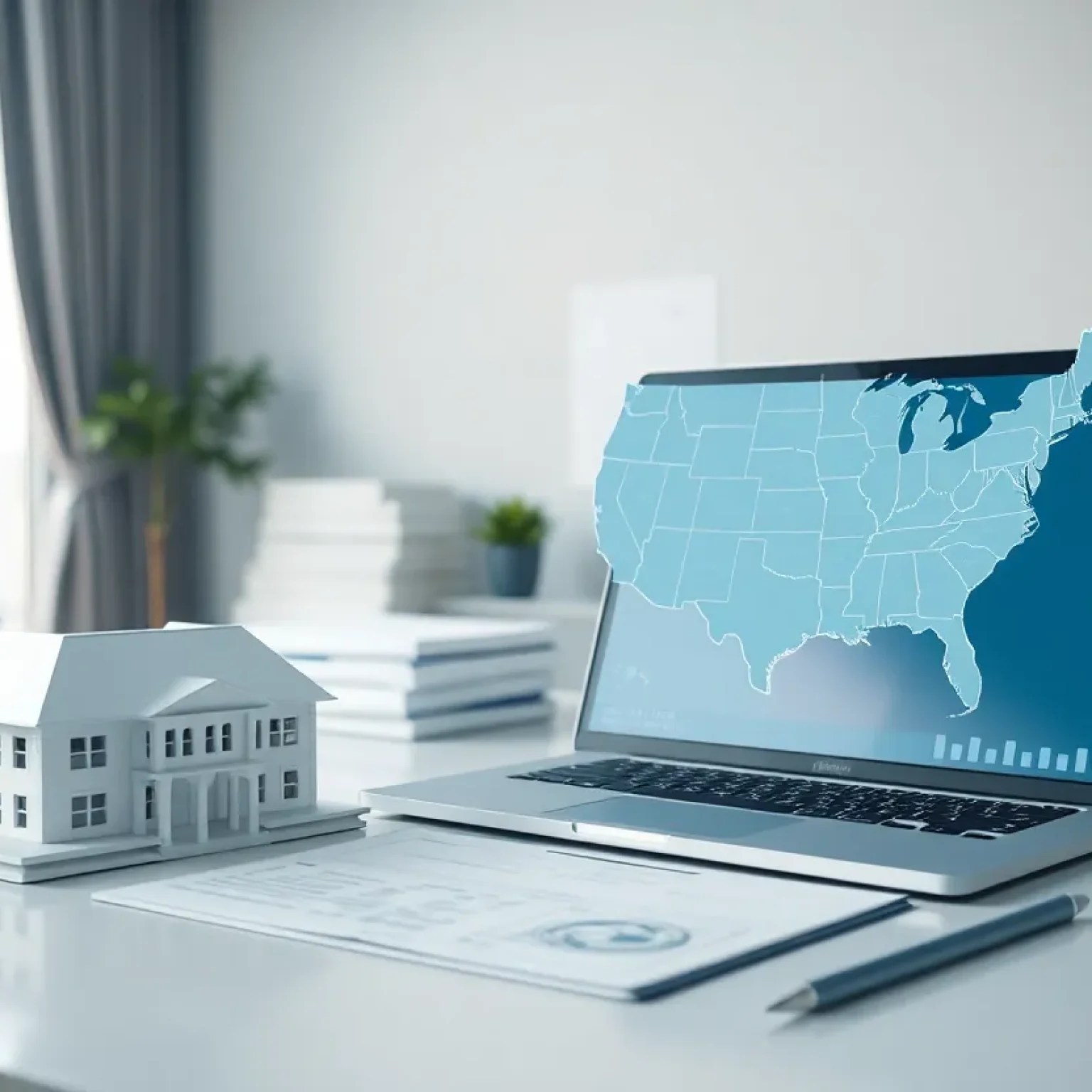 Architectural models, loan documents and laptop with charts illustrating small-balance commercial loans and real estate financing