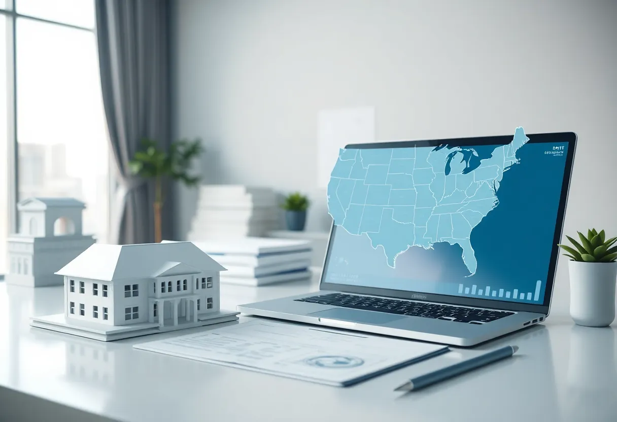 Architectural models, loan documents and laptop with charts illustrating small-balance commercial loans and real estate financing