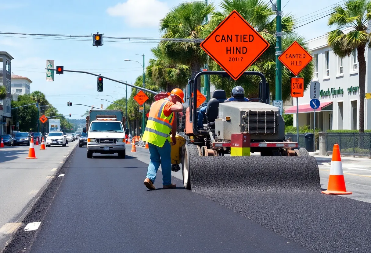 Workers repaving Southeast 6th Street in Charleston, SC