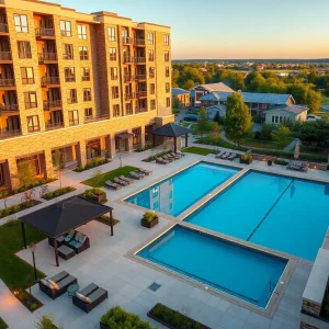 Exterior rendering of Thatcher at Aureum luxury apartments with resort pool, rooftop terrace and restored stone wall
