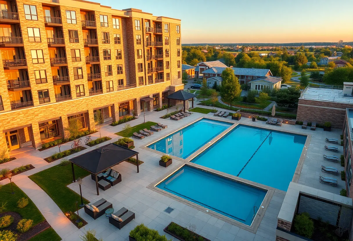 Exterior rendering of Thatcher at Aureum luxury apartments with resort pool, rooftop terrace and restored stone wall