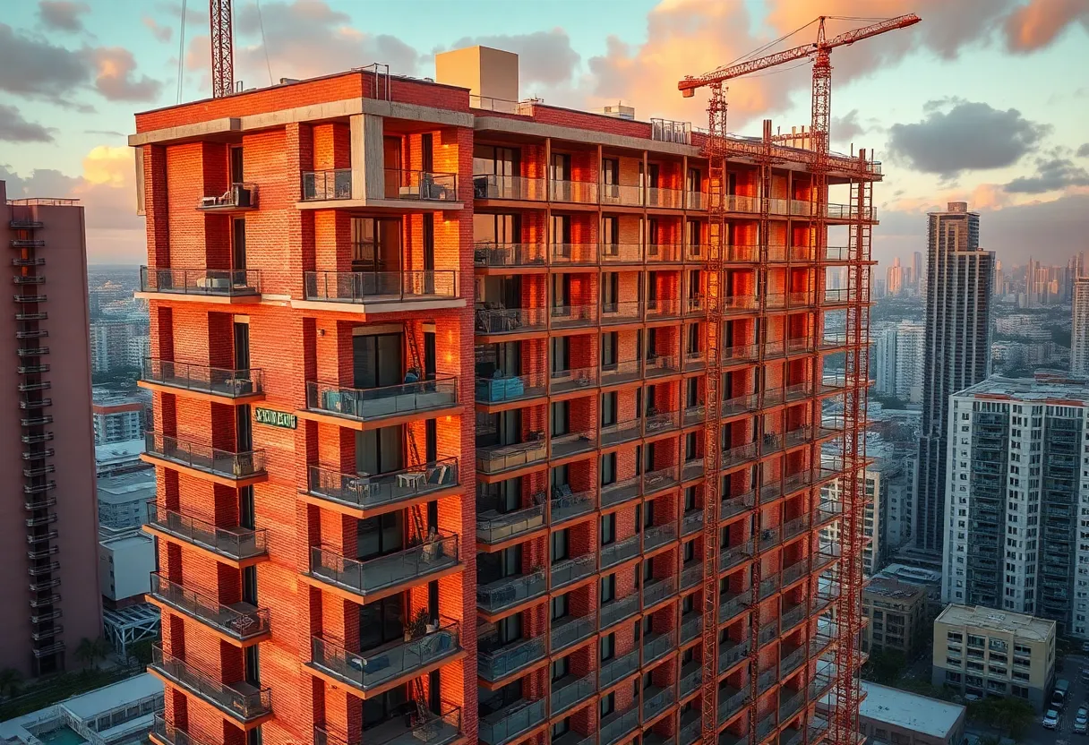 The Rider Residences midrise under construction with cranes and Miami skyline in background