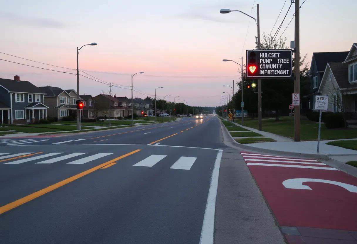 Traffic calming measures including speed bumps and signage