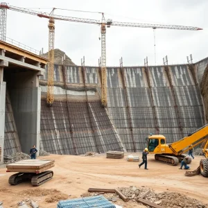 Construction workers reinforcing Wolf Creek Dam